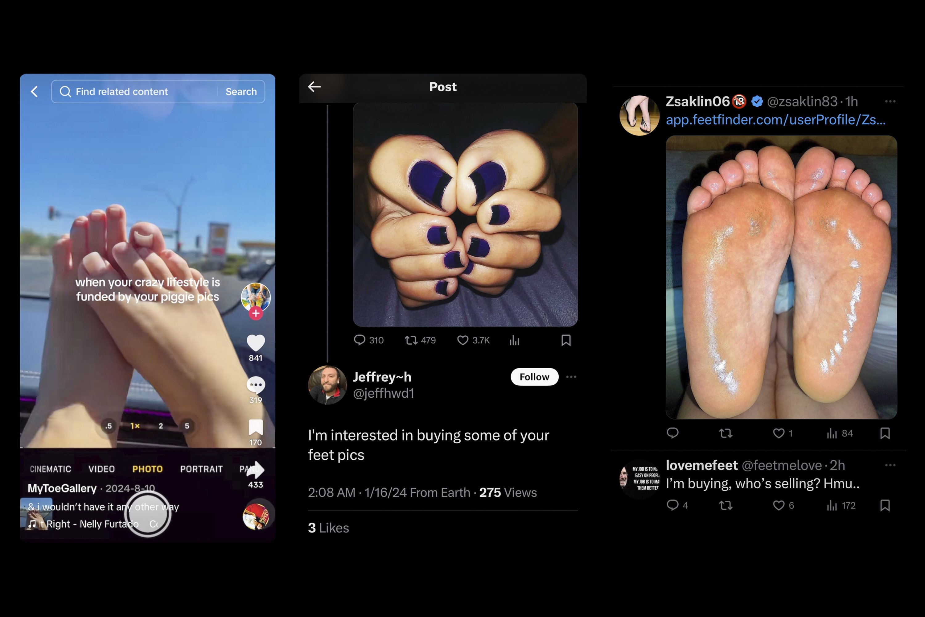 Drei Smartphone-Screenshots nebeneinander: Beiträge und Kommentare, in denen mit Fotos von Füßen gehandelt wird.