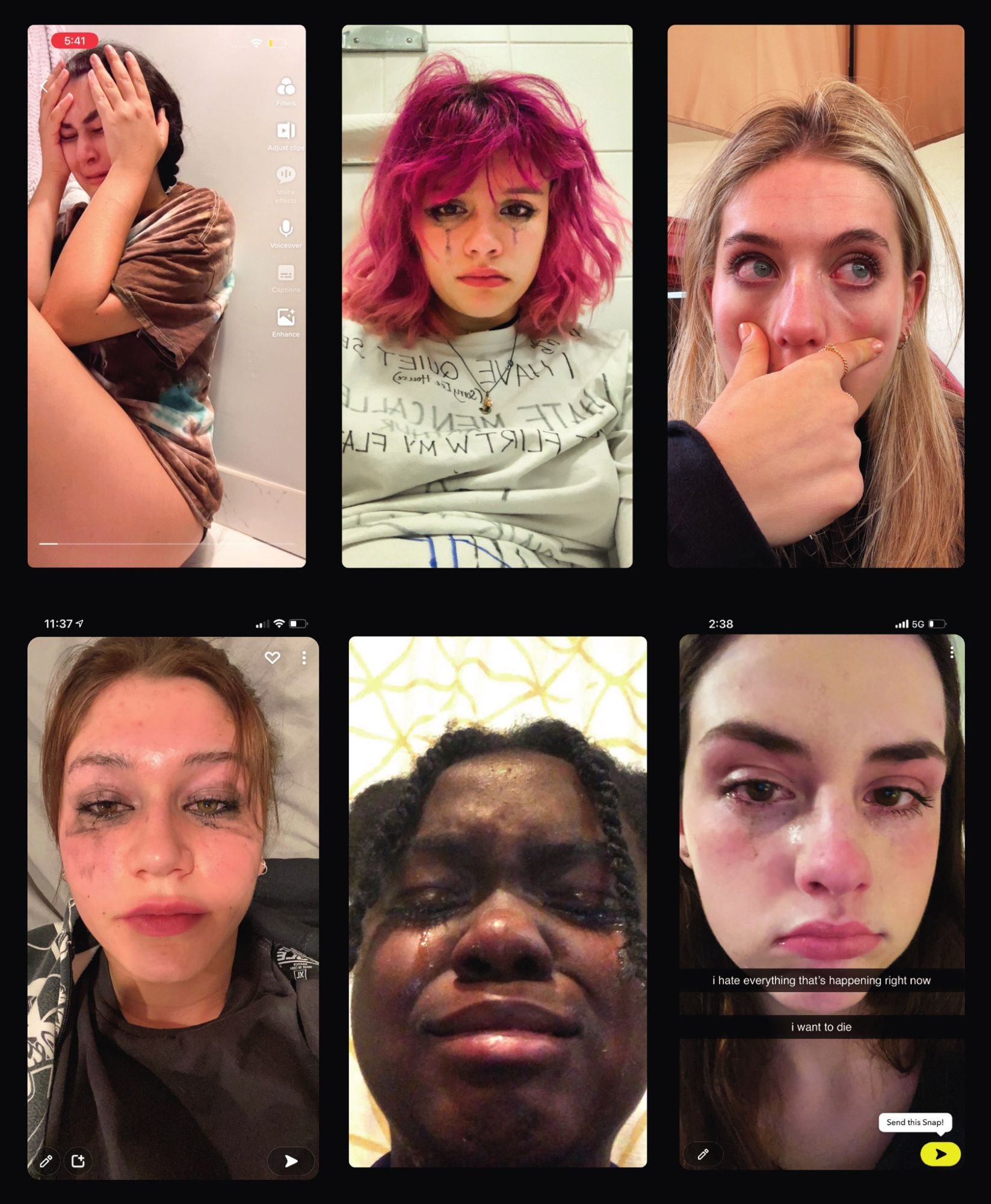 Sechs Handy-Screenshots in einem Raster: junge Menschen filmen sich selbst beim Weinen, mit verlaufener Wimperntusche.